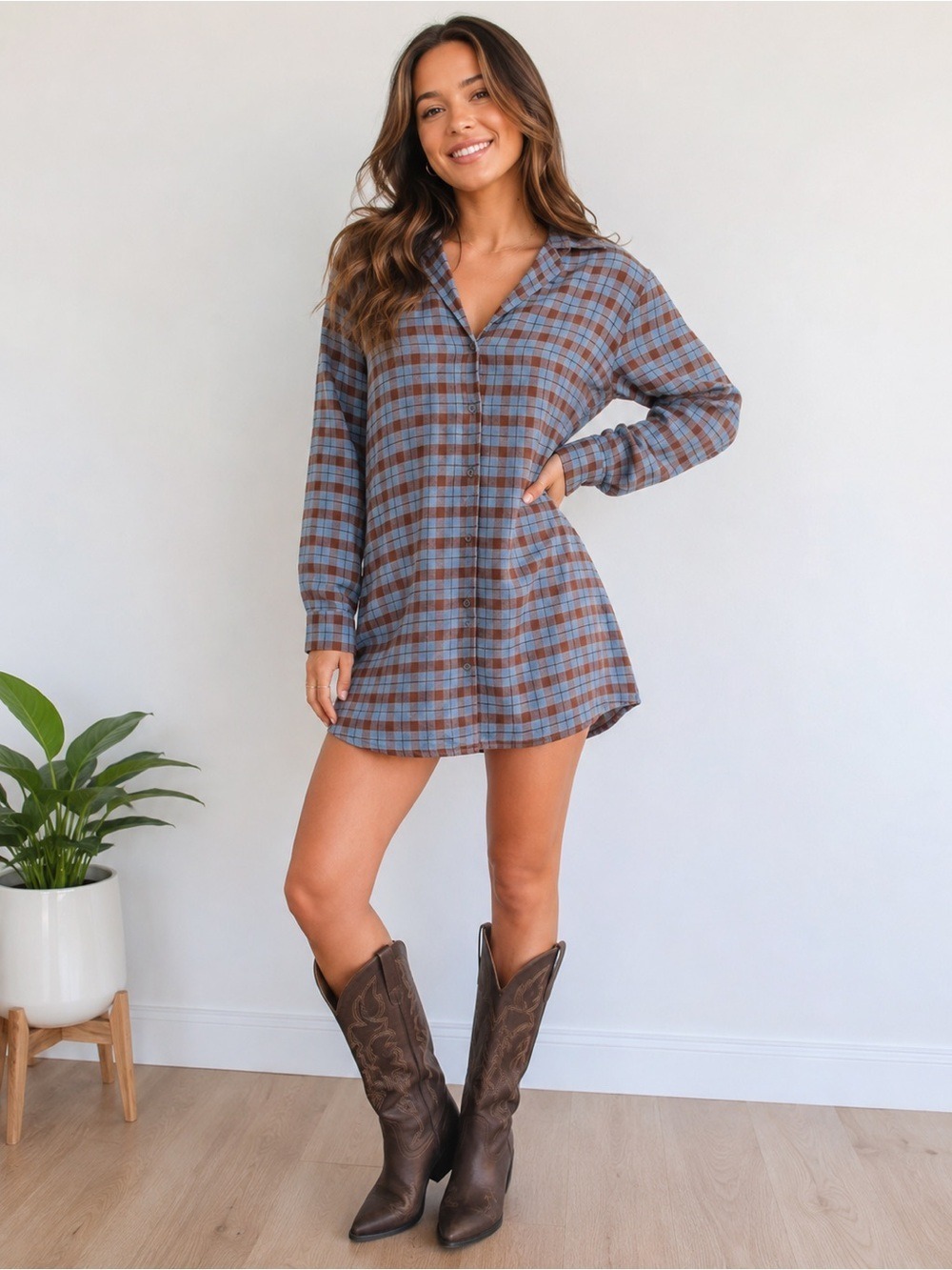 Aritzia Wilfred plaid shirt dress XS Presley blue brown checks Heritagecore